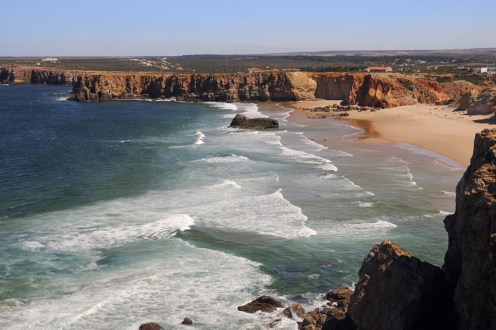 Praia do Tonel beach viewed from Sagres fort (Fortaleza de Sagres), Ponta de Sagres, Algarve, Portugal, Europe