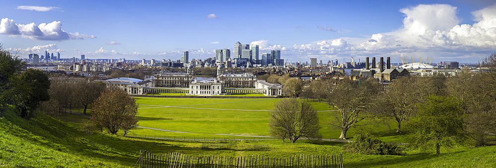 Panoramic view of Canary Wharf, the Millennium Dome, and City of London, from Greenwich Park, London, England, United Kingdom, Europe 