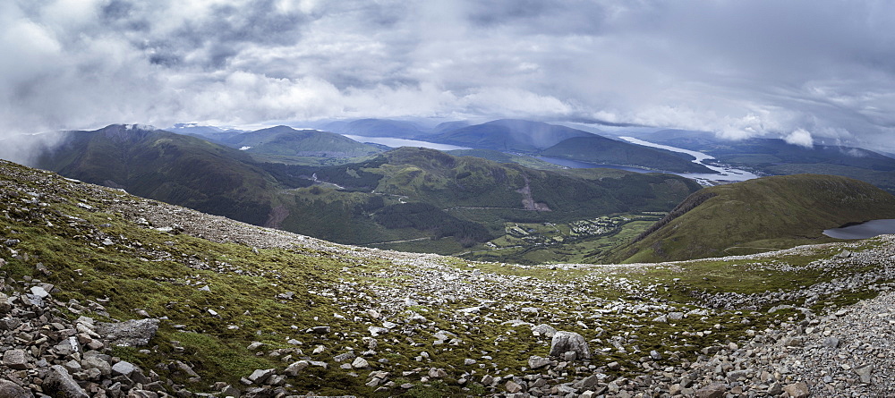 A view towards Glen Nevis from the Mountain Track (Tourist Route), Ben Nevis, Highlands, Scotland, United Kingdom, Europe