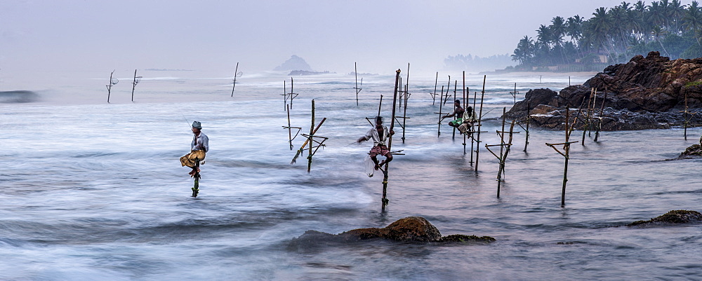 Stilt fishermen fishing at Midigama near Weligama, South Coast, Sri Lanka, Indian Ocean, Asia