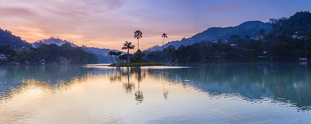 Kandy Lake and the island at sunrise, Kandy, Central Province, Sri Lanka, Asia 