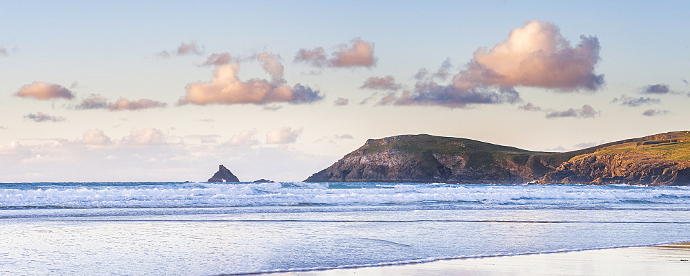 Trevose Head at sunset, seen from Boobys Bay (Boobies Bay), Cornwall, England, United Kingdom, Europe