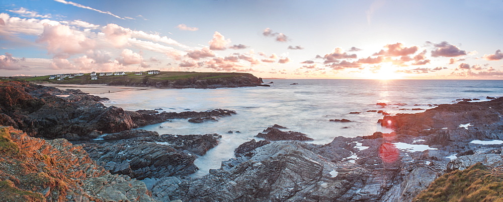 Rocky coast at Treyarnon Bay at sunset, Cornwall, England, United Kingdom, Europe