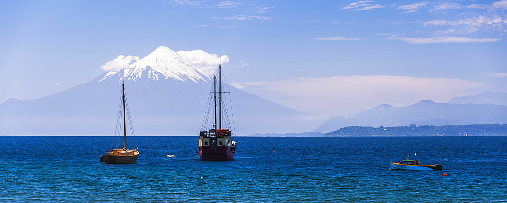 Capitan Haase Traditional Sailing Ship on Llanquihue Lake with Osorno Volcano behind, Puerto Varas, Chile Lake District, Chile, South America