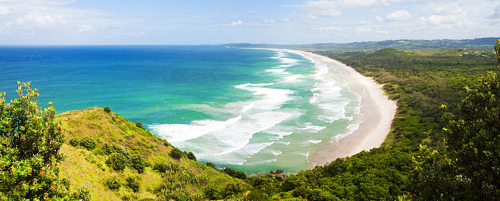 Panoramic aerial view of Tallow Beach at Byron Bay, New South Wales, Australia, Pacific