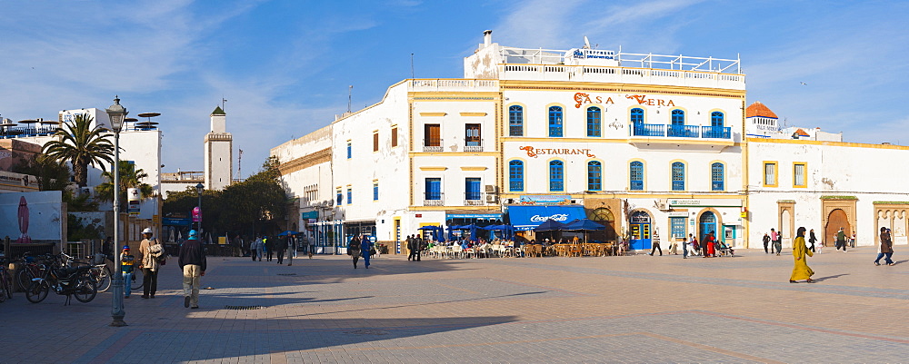 Panoramic photo of Moulay Assan Square, Essaouira, UNESCO World Heritage Site, on the coast of Morocco, North Africa, Africa 