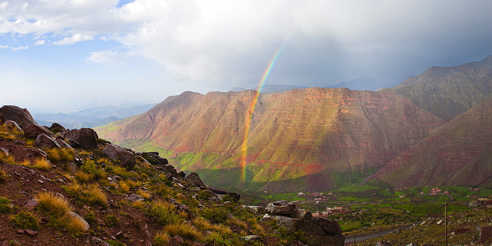 Moroccan High Atlas landscape showing rainbow in the mountains just outside Oukaimeden ski resort, Morocco, North Africa, Africa 