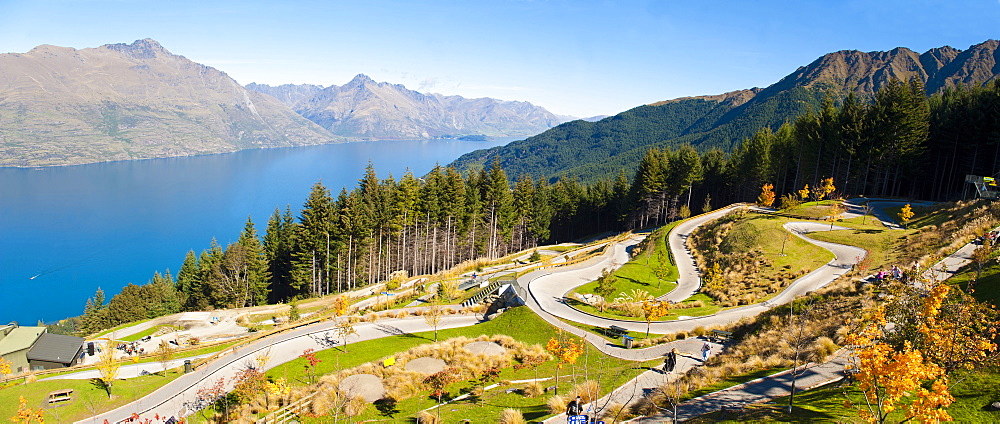 Panorama of the luge track above Queenstown, Otago, South Island, New Zealand, Pacific