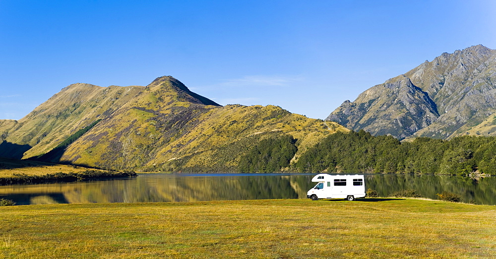 Caravan at Lake Moke campsite, Queenstown, Otago, South Island, New Zealand, Pacific 