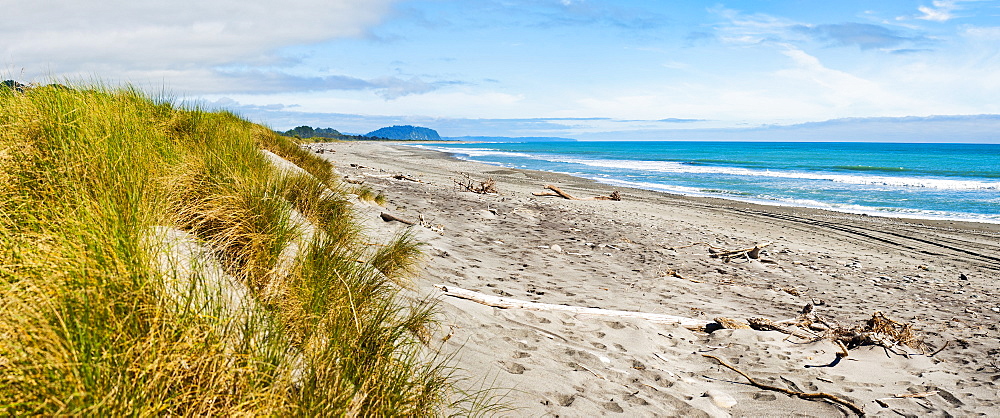 Panorama of wild and rugged Ross Beach, West Coast, South Island, New Zealand, Pacific