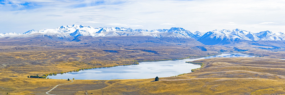 Lake Alexandrina and snow capped mountains, Canterbury Region, South Island, New Zealand, Pacific 