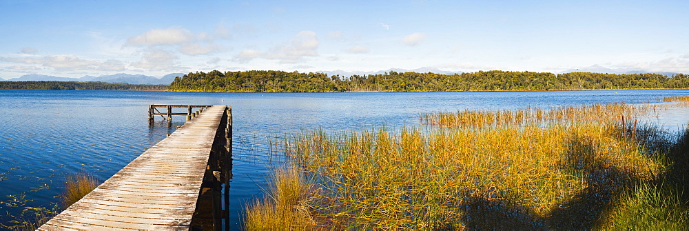 Jetty at Lake Mahinapua, West Coast, South Island, New Zealand, Pacific 