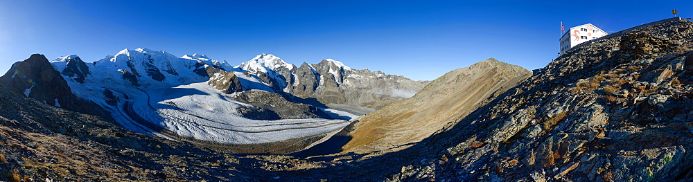 Mountain Hotel Diavolezza with view otowards the Bernina Alps with Piz Palue (3905 m), Bellavista (3922 m), Piz Bernina (4049 m)