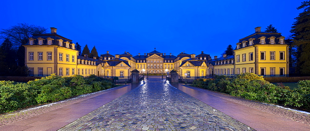 Panoramic view of Arolsen Castle at dusk, Bad Arolsen, Hesse, Germany, Europe
