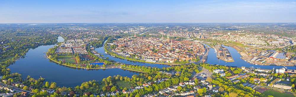 View of the old town and churches of Luebeck, Hanseatic City of Luebeck, Schleswig-Holstein, Germany