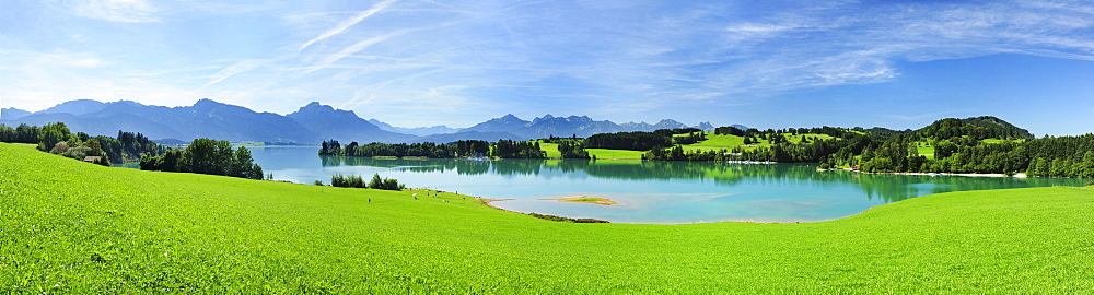 Panorama of lake Forggensee with Ammergau Alps and Tannheim range in background, Allgaeu, Swabia, Bavaria, Germany