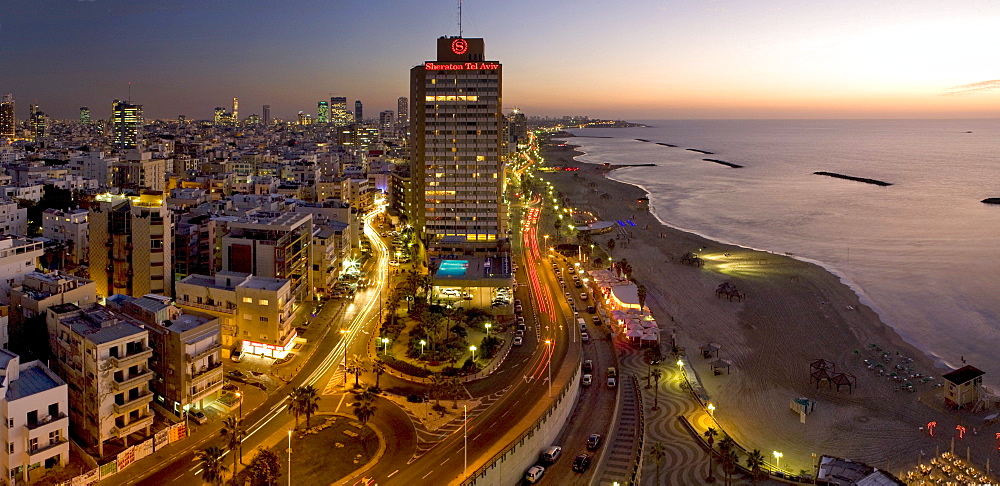 Sheraton Hotel, Herbert Samuel Street and the beaches in the evening, Tel Aviv, Israel, Middle East