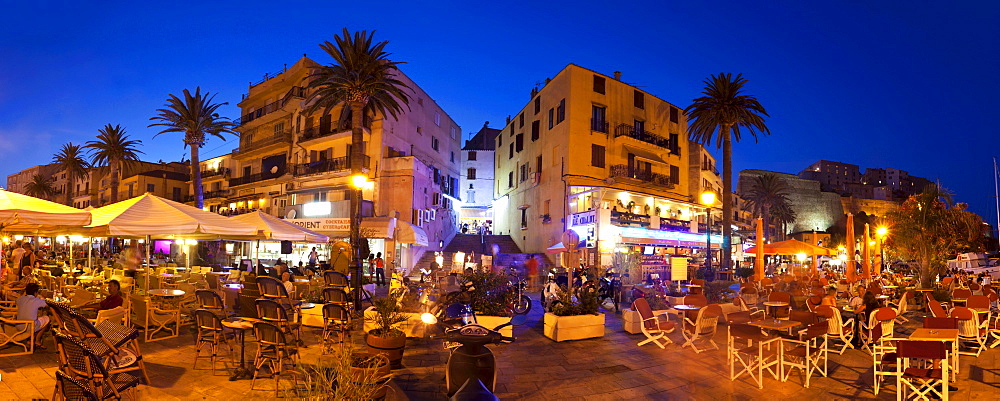 Street cafe and restaurant at the harbor-side, Quai Adolphe Landry, Calvi, Corsica, France