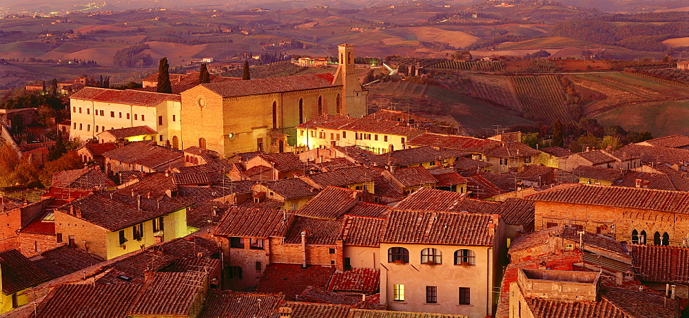 Panoramic city overview, church of SantÂ¥Agostino, San Gimignano, Tuscany, Italy