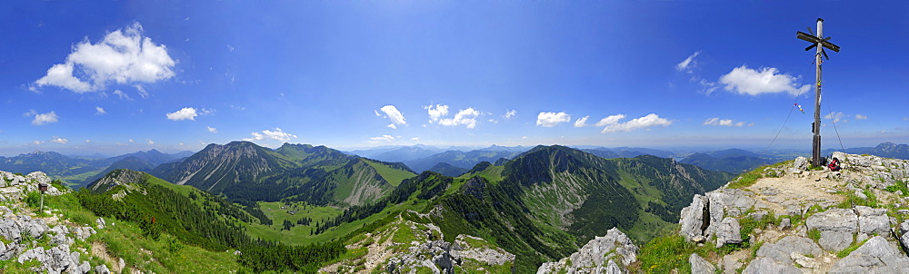 panorama from Aiplspitze with Hochmiesing, Rotwand, Taubenstein, Benzingspitz, Jaegerkamp and lake Schliersee, Spitzing range, Bavarian foothills, Bavarian range, Upper Bavaria, Bavaria, Germany