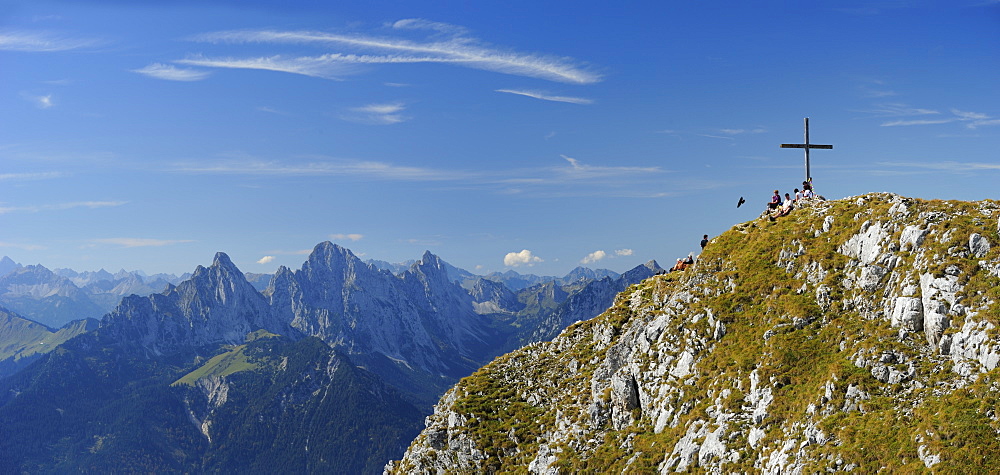 Panorama to summit of Sauling with Tannheimer mountain range in the background, Ammergau Alps, Oberallgau, Bavaria, Germany