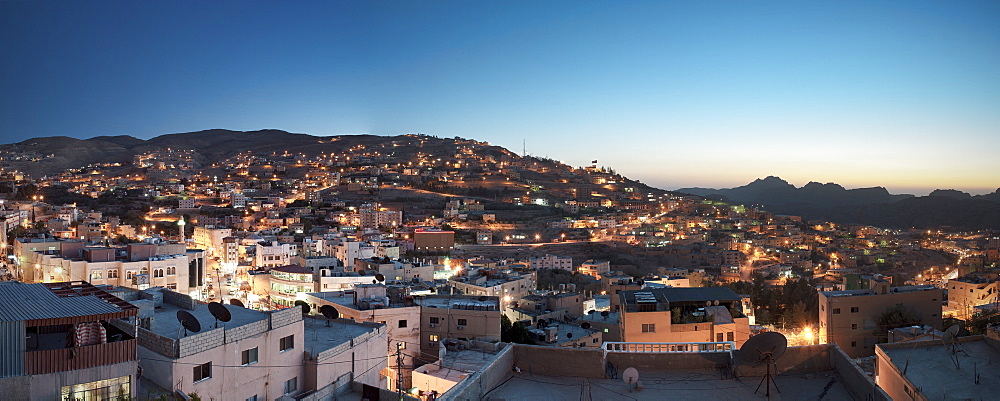 Panoramic view of Wadi Musa by night, Petra, Jordan, Middle East, Asia