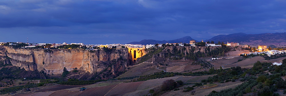 Panorama of the picturesque town of Ronda at twilight, Andalusia, Spain