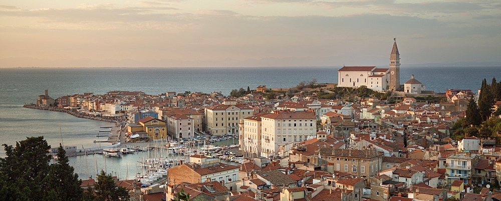 City panorama of Piran with parish church of St Georg, Adria coast, Mediterranean Sea, Primorska, Slovenia