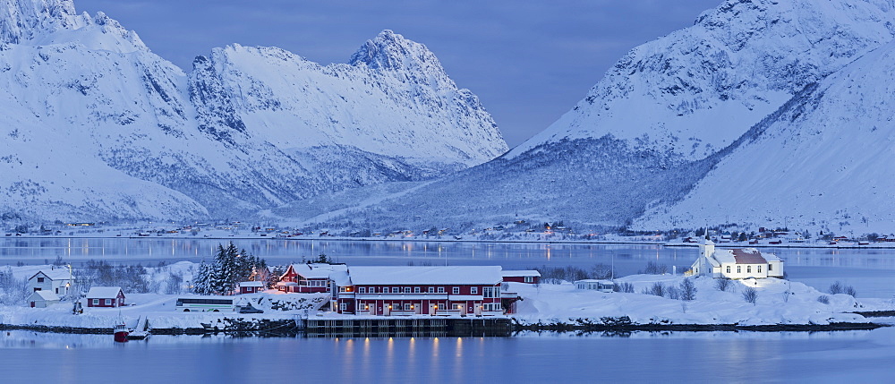 Church in Sildpollneset, Vestpollen, Austnesfjorden, Austvagoya, Lofoten, Nordland, Norway
