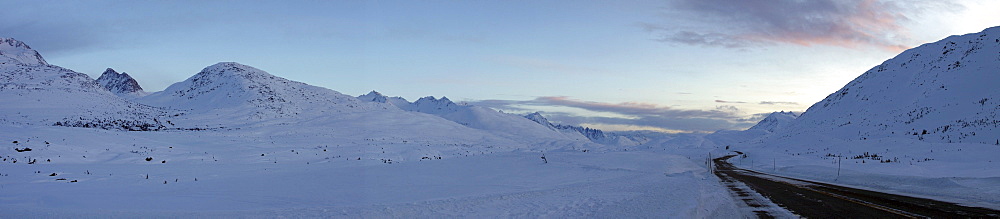 Panoramic of the sunset along the South Klondike Highway, near Fraser, British Columbia