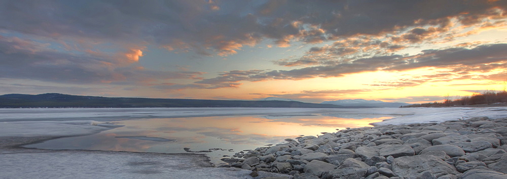 Sunset over the ice of Teslin Lake, Yukon