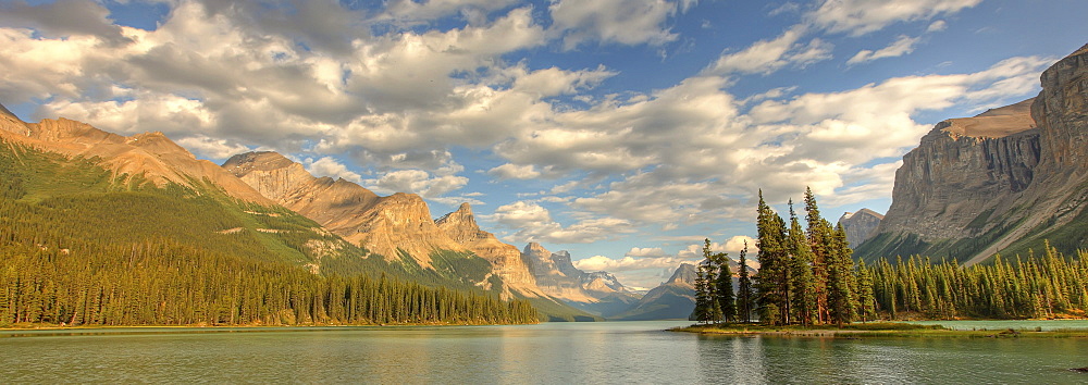 Panoramic of Spirit Island on Maligne Lake, Jasper National Park, Alberta