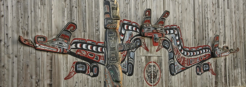 West coast First Nation carvings and designs, Fort Rupert, Vancouver Island, British Columbia