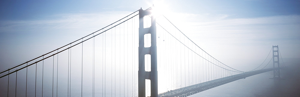 California, San Francisco, Golden Gate Bridge in foggy morning light.