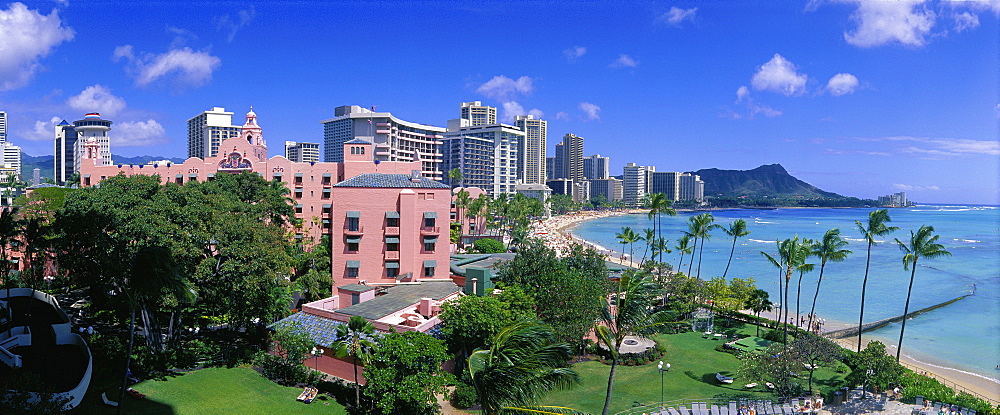 Hawaii, Oahu, Waikiki Royal Hawaiian Landscape With Beach Diamond Head Background Widelux Panoramic D1519