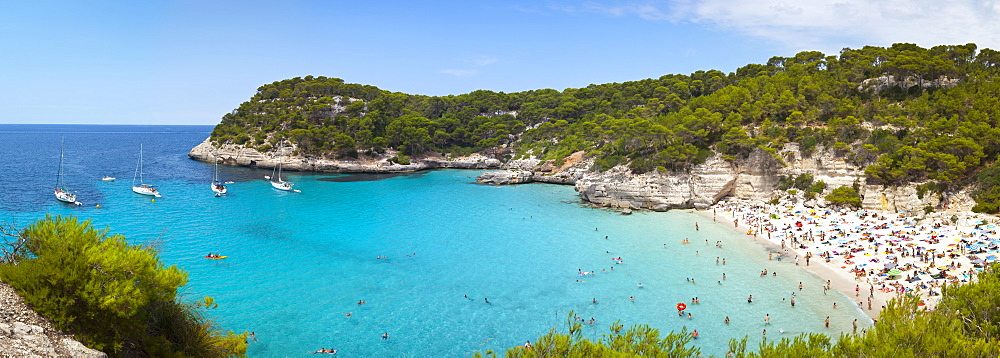 Elevated view over the idyllic beach of Cala Mitjana, Menorca, Balearic Islands, Spain, Mediterranean, Europe 