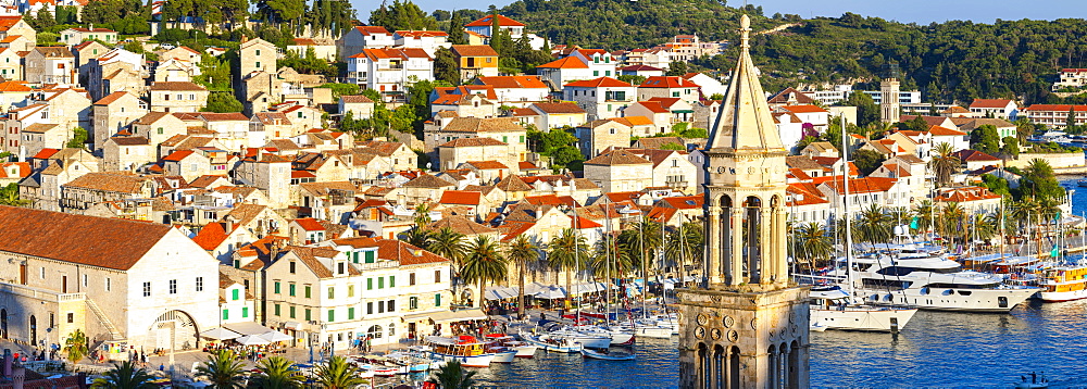 Elevated view over the picturesque harbour town of Hvar, Hvar, Dalmatia, Croatia, Europe