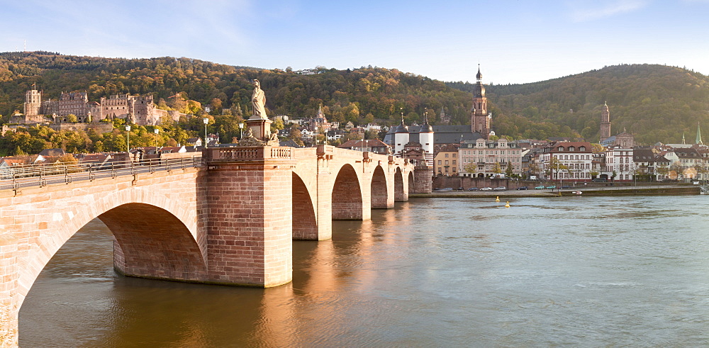 Karl Theodor Bridge with Stadttor gate, castle and Heilig Geist Church, Heidelberg, Baden Wurttemberg, Germany, Europe