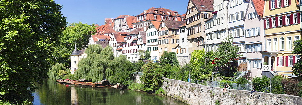 Tubingen Altstadt and Holderlinturm tower by the Neckar River, Tubingen, Baden Wurttemberg, Gemany, Europe 