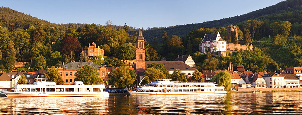 Mildenburg Castle and Parish Church of St. Jakobus, excursion boats on Main River, old town of Miltenberg, Franconia, Bavaria, Germany, Europe