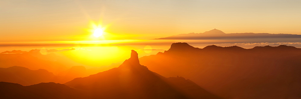 Roque Bentayga and Tenerife with Mount Teide, Gran Canaria, Canary Islands, Spain, Atlantic, Europe 