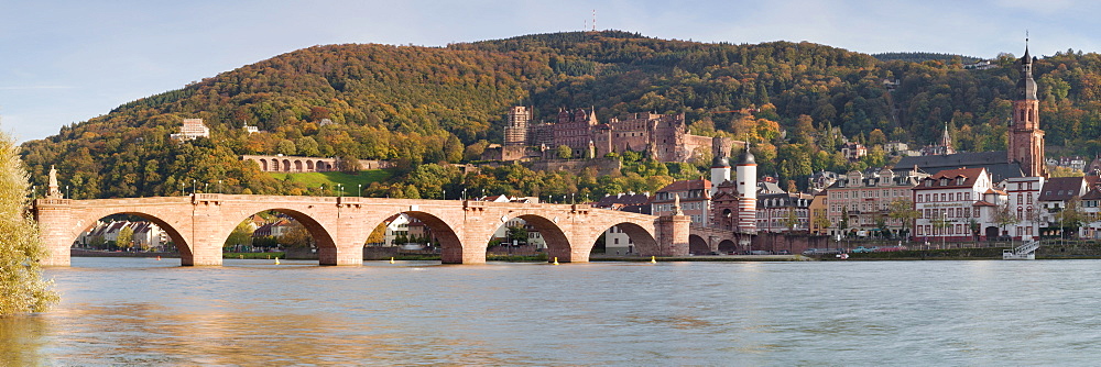 Karl Theodor Bridge, Stadttor, Castle and Heilig Geist church, Heidelberg, Baden Wurttemberg, Germany, Europe 