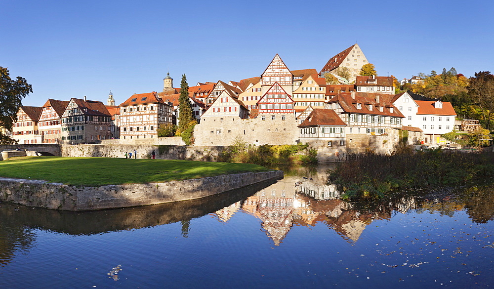 Half-timbered houses on the banks of the Kocher River, Schwaebisch Hall, Hohenlohe, Baden Wurttemberg, Germany, Europe 