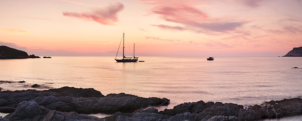 Sunset at the coast of Centuri Port, Corsica, France, Mediterranean, Europe 