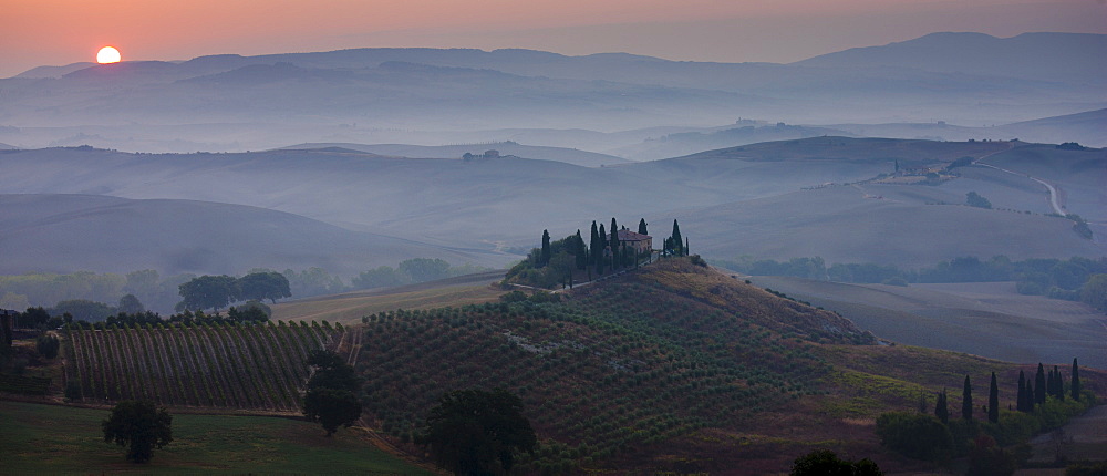 Typical Tuscan homestead, Il Belvedere, and landscape at San Quirico d'Orcia in Val D'Orcia, Tuscany, Italy