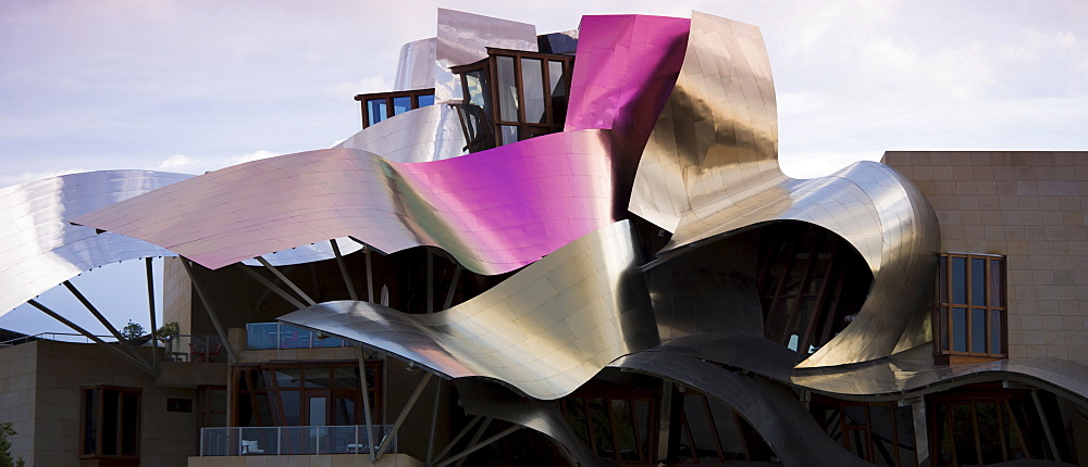 Hotel Marques de Riscal Bodega, futuristic design by architect Frank O Gehry, at Elciego in Rioja-Alavesa area of Spain