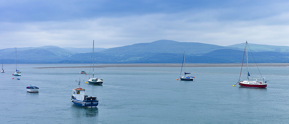 Sailing boats moored in Dyfi estuary at Aberdyfi, Aberdovey, Snowdonia, Wales