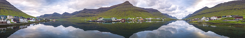 Panoramic of Hvannasund on Vidoy Island and Norddepil on Bordoy Island, Faroe Islands, Denmark, Europe (Drone)