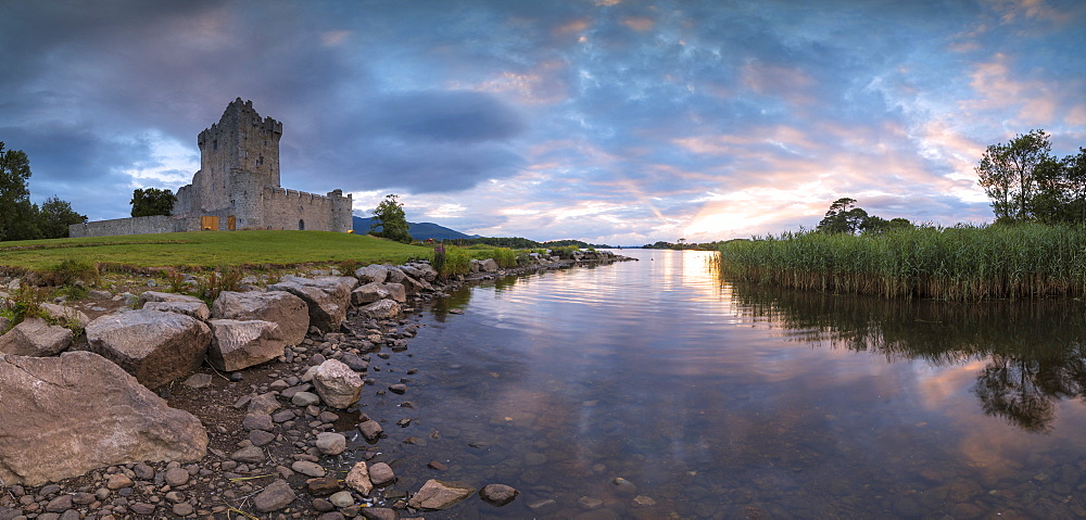 Panoramic of Ross Castle, Killarney National Park, County Kerry, Munster, Republic of Ireland, Europe