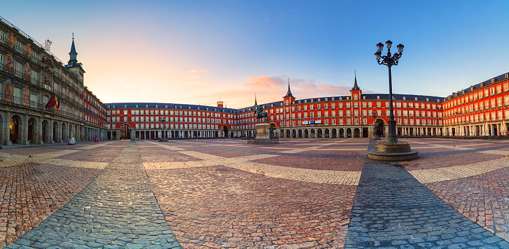 Panoramic of Plaza Mayor at sunrise, Madrid, Spain, Europe